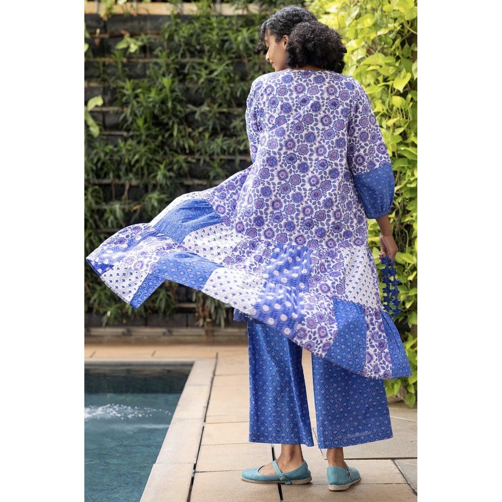 Gudrun Sjoden Size XXL Sona Tiered Tunic Dress Organic Cotton Blue Patchwork